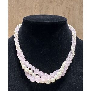 Trifari pink bead Triple Strand necklace twisted Braided Fold Over Clasp